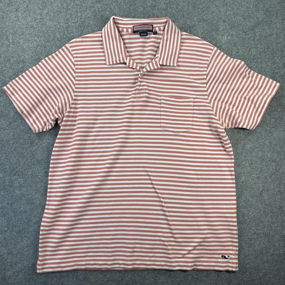 Vineyard Vines Polo Shirt Mens Large Pink White Stripe Pocket 100% Cotton